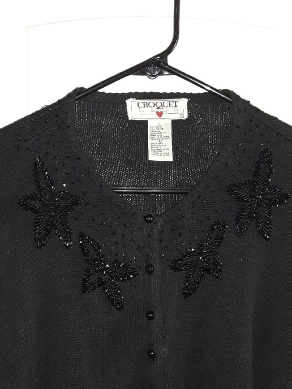 Vintage 90s Croquet Club Black Beaded Cropped Cardigan Sweater Large Whimsigoth